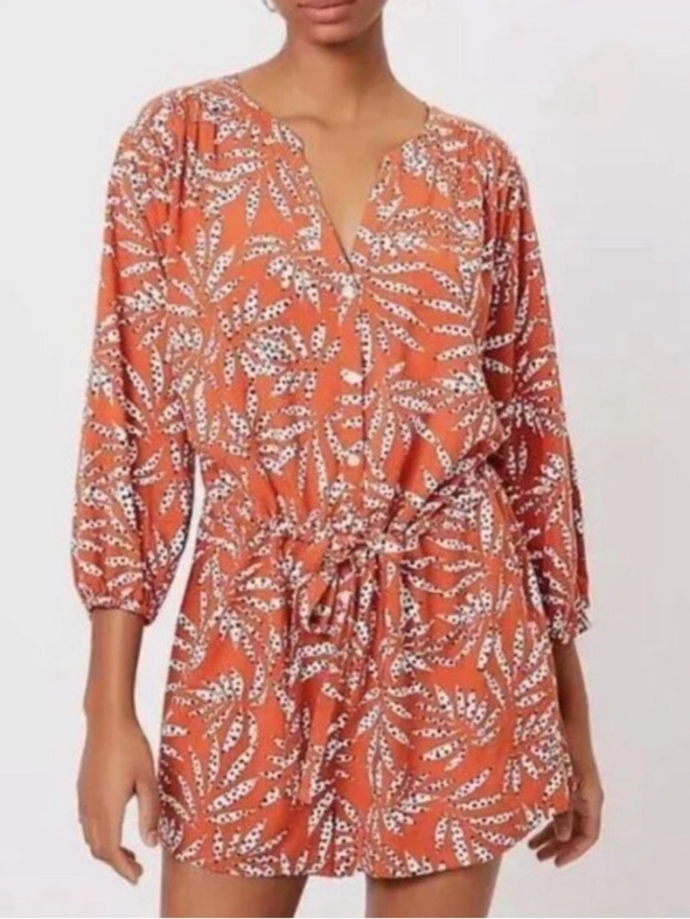NWT LOFT BEACH Rust Tropical Print Tie-Waist Romper SZ L / XL $80